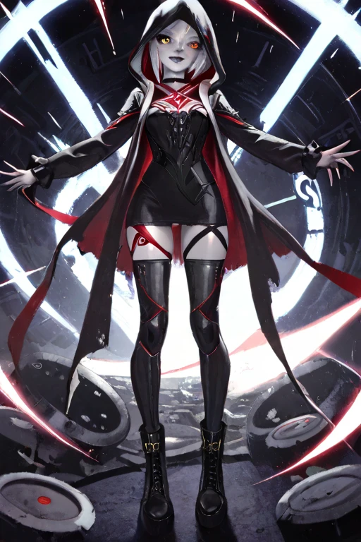 anime character in red dress standing, modern cyberpunk anime, katanas strapped to her back, red dress, black and purple mixed color hair, long hair, Purple eyes, black lips, bare leg, black boots