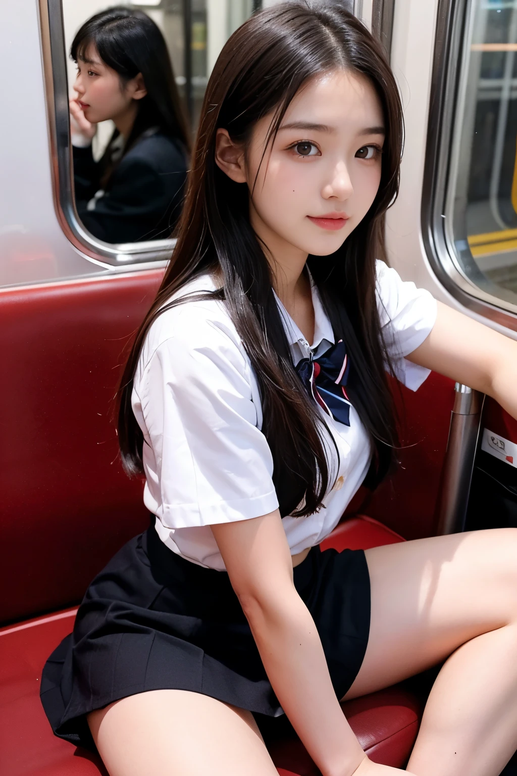 arafed asian woman in a short skirt and bow tie sitting on a train, cute schoolgirl, japanese girl school uniform, wearing japanese school uniform, japanese school uniform, a hyperrealistic schoolgirl, dressed as schoolgirl, hyperrealistic schoolgirl, wearing school uniform, realistic schoolgirl, girl wearing uniform, wearing a school uniform, of a schoolgirl posing, full body, nice skin, glowing skin, nice thighs,glowing thigh, glowing legs, ((panty))