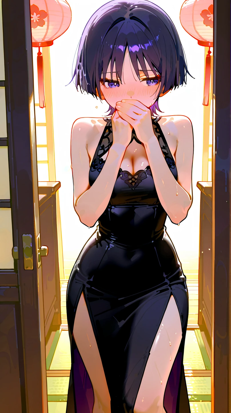 full_body,naked_apron,restaurant,from_front,short hair,black hair,good anatomy,best quality,masterpiece,beautiful,cute face