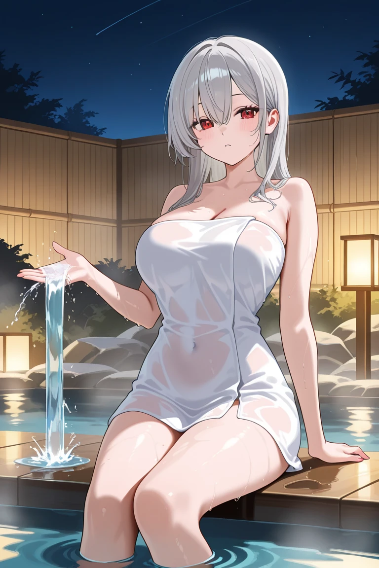 1girl, white hair, purple eyes, portrait, realistic, towel, (onsen), sidelighting, wallpaper, nsfw,