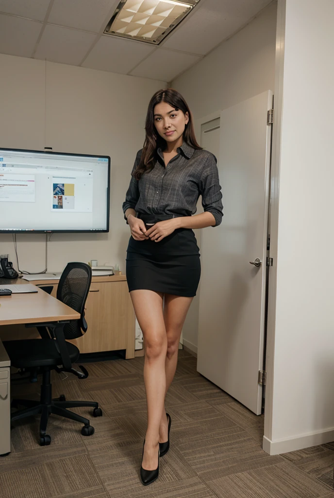 25 years old, a beautiful girl, an indonesian, celtic green shirt, light grey skinny jeans, with sandal, sitting, beauty, photorealistic, office, likely, loveable, 8k, perspective