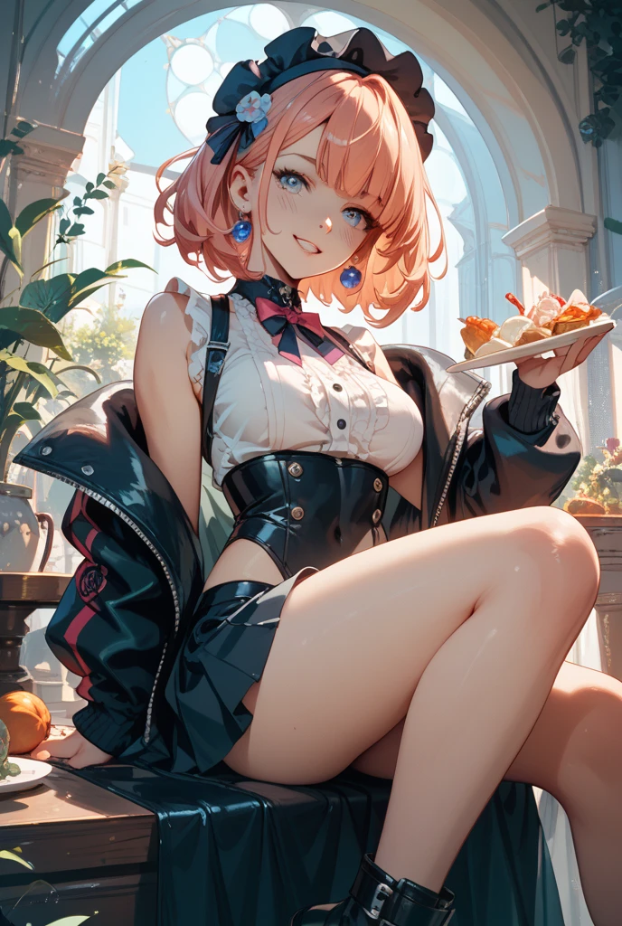 (perky chest:1.2), (pointed chest:1.2),(((Black Tunic:1.3))),(((cakes and bread in the basket),Cute and beautiful girl,masterpiece、highest quality、Very detailed、Beautiful fine details、One Girl、Detailed landscape、Training gym Room Background:1.4、Braided Ponytail、Red camisole、((B cup breasts, Tank top showing underboob:1.3)), black jacket, thigh strap, bangs, necktie, earrings, nail polish, fishnet pantyhose, multicolored hair, looking at viewer, full body, bottle, own hands together, belt, food, animal on head, black necktie, ring, choker, english text paper:1.2, collared shirt, blue eyes, platform boots, hat,lace-up boots ,