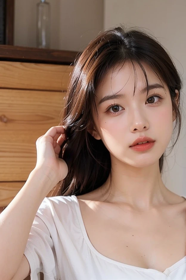 A woman wearing a white top taking a photo, My breasts are spilling out of my clothes、 Korean Girls, 22 years old, Beautiful young Korean woman, Beautiful Korean Women, 21 years old, Age 27, 24 year old female model, Beautiful Asian Girl, 18-year-old, 1 8 Yes, Yoshitomo Nara, 23 years old.masterpiece, Super detailed, Realistic, photo Realistic, High-definition RAW color photos, Professional photos, Very detailed, In detail, Lens flare, Dynamic Lighting, 8k, RAW Photos, Best quality, masterpiece: 1.2, Ultra HD: 1, High-definition RAW color photos, Professional Photography, Realistic, Photo Realistic: 1.5, Live Photos, Very detailed, masterpiece, Real Skin, Realistic Skin, Realistic HD Eyes, Very detailed目, Perfect Eyes, Perfect Face, Perfect Fingers, Very detailed face, Very detailed eyes, Very detailed skin, Perfect ???????.