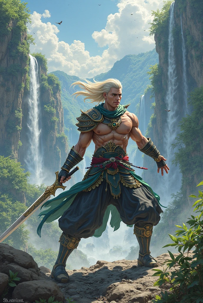 Create an image of Ashara, a skilled warrior from the Dragon Clan. He should be depicted in battle-ready attire with dragon motifs, holding a spear. His expression should be determined and focused. The background can show a training field surrounded by mountains and trees, highlighting his role as a formidable fighter."