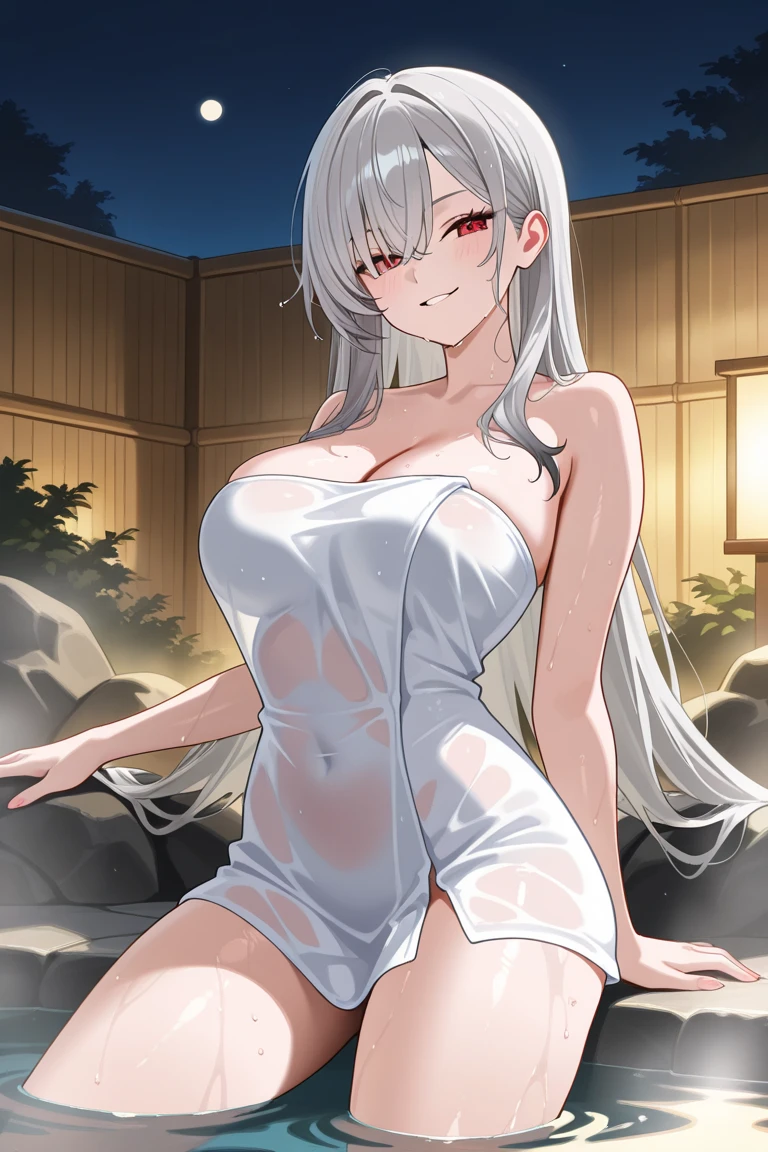 1girls, arms behind back, rain, seductive, (4K,realistic,highres,absurdres,masterpiece:1.2),((cinematic lumination)),deep depth of field,charming face,bloom,white dress,(covered nipples:0.9),big sagging breasts,(smiling:0.6),young female, looking at the viewer, white skin, ((slim, skinny)), ((wet skin, sweat)), high heels, detailed red eyes