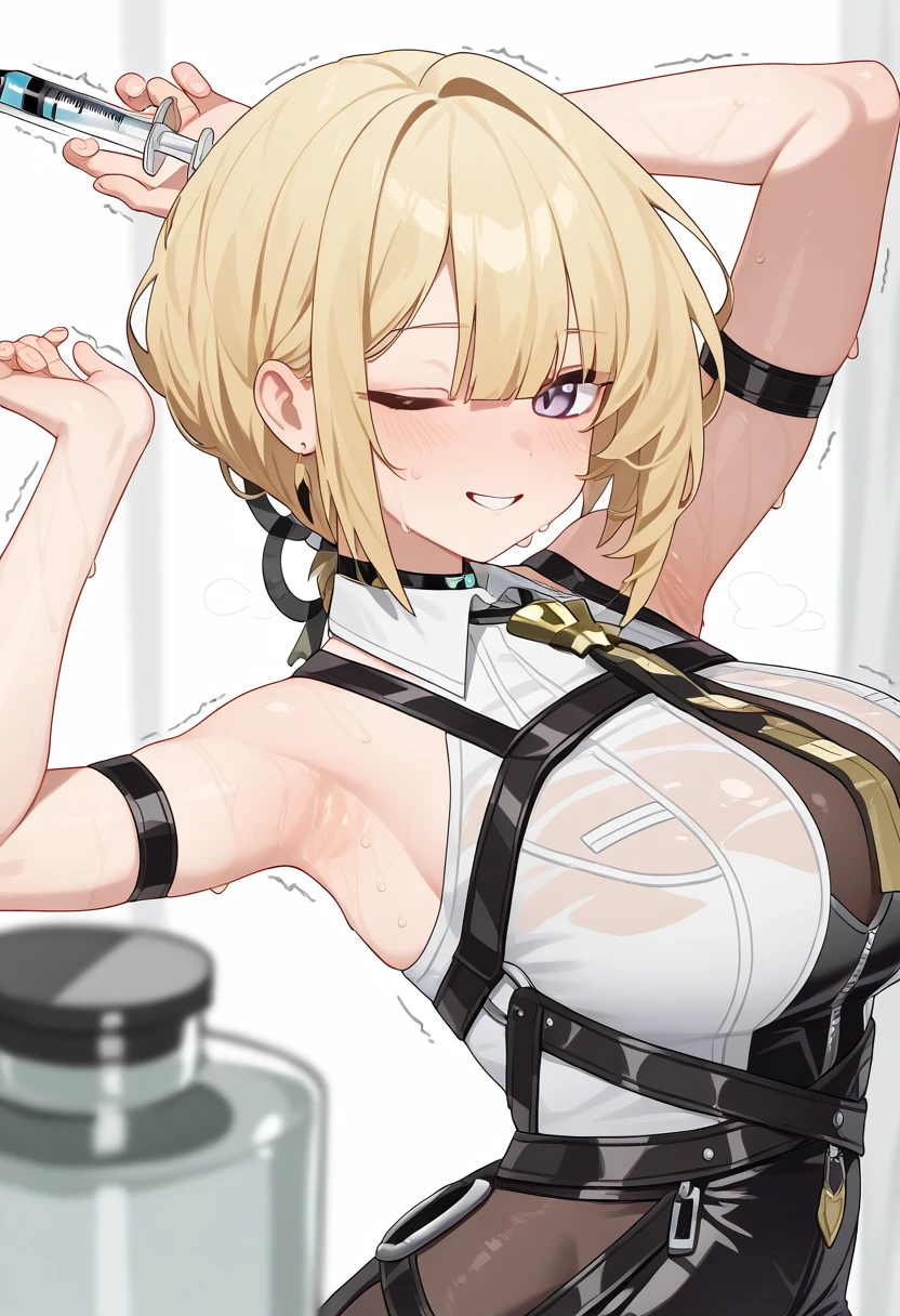(in laboratory, masterpiece, best quality:1.2), 1girl, (holding her baby), waving hair, side ponytail, lingerie, ((elbow gloves))