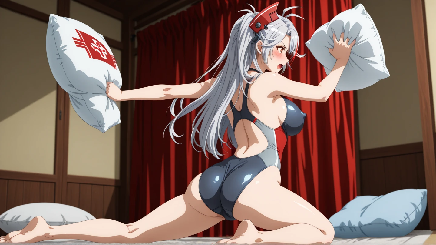 full body standing woman, white background, white hair, long messy hair, black elf skin, red bikini, red hat, red sandals, SFW,