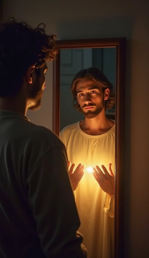 A Christian man praying and a golden light from heaven