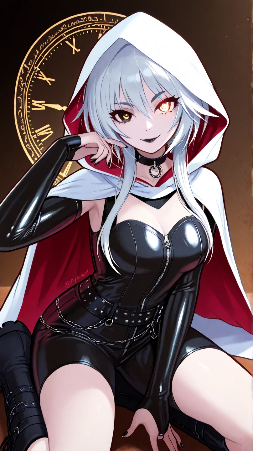 In the anime, bleach-style is aA 5' 2" tall, white skinned woman with clear, blood red eyes, a lean face, large ears and large lips. She has coiled, grey hair, small hands, and narrow shoulders, and she has white, sparkly teeth. She is carrying a walking stick. She is she is in a sexual pose she is fat with leather pants and leather top