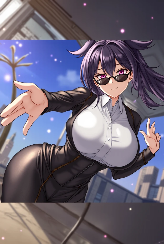 black hair, black uniform, violet eyes, gigantic breasts, cleavage, bare legs, ultra-detailed(best quality,highres:1.2), ultra-detailed eyes, smiling