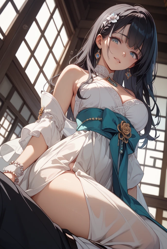 absurdres, RAW photo, extremely delicate and beautiful, masterpiece, Best Quality, ultra high resolution, 32k, hyperrealistic, ultra-detailed, delicate facial features, beautiful detailed woman, tearful mole, earring, medium breasts, full body shot, medium hair, black hair, wavy hair, miko,