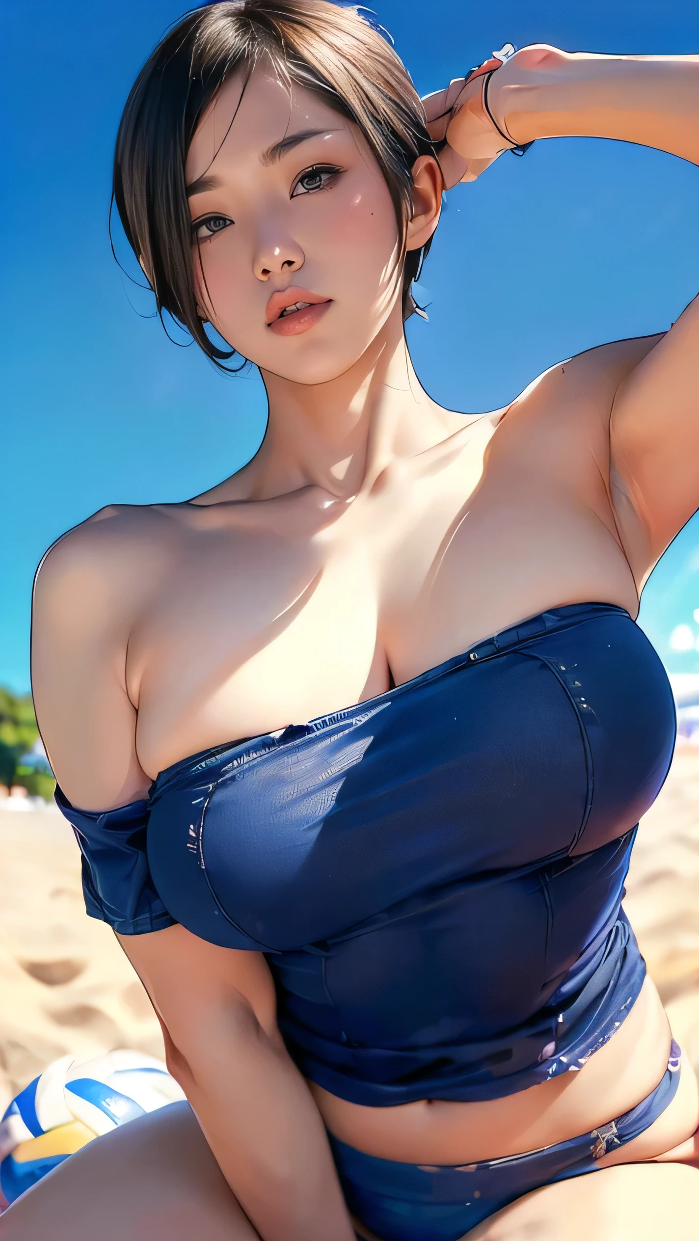 asuna (blue archive), 1girl, bare legs, blue eyes, (short sleeve turtleneck sweater), blurry, blurry background, blush, breasts, large breasts, (light brown blonde hair), (((extra short pixie cut))), (((pixie cut))), (((asymmetric pixie cut))), (((side parting pixie cut))), (((curly pixie cut))), (((messy pixie cut))), (((wavy pixie cut))), looking at viewer, solo, Beautiful girl, big, sea, (((emphasis on extremely hairy pussy))), (spread legs), (happy face), (((nude))), (chubby), (((thick thighs))), (((big breasts))), (nipples), ((pussy)), (anal), (((extremely hairy pussy))), (((extremely hairy pubic hair))),