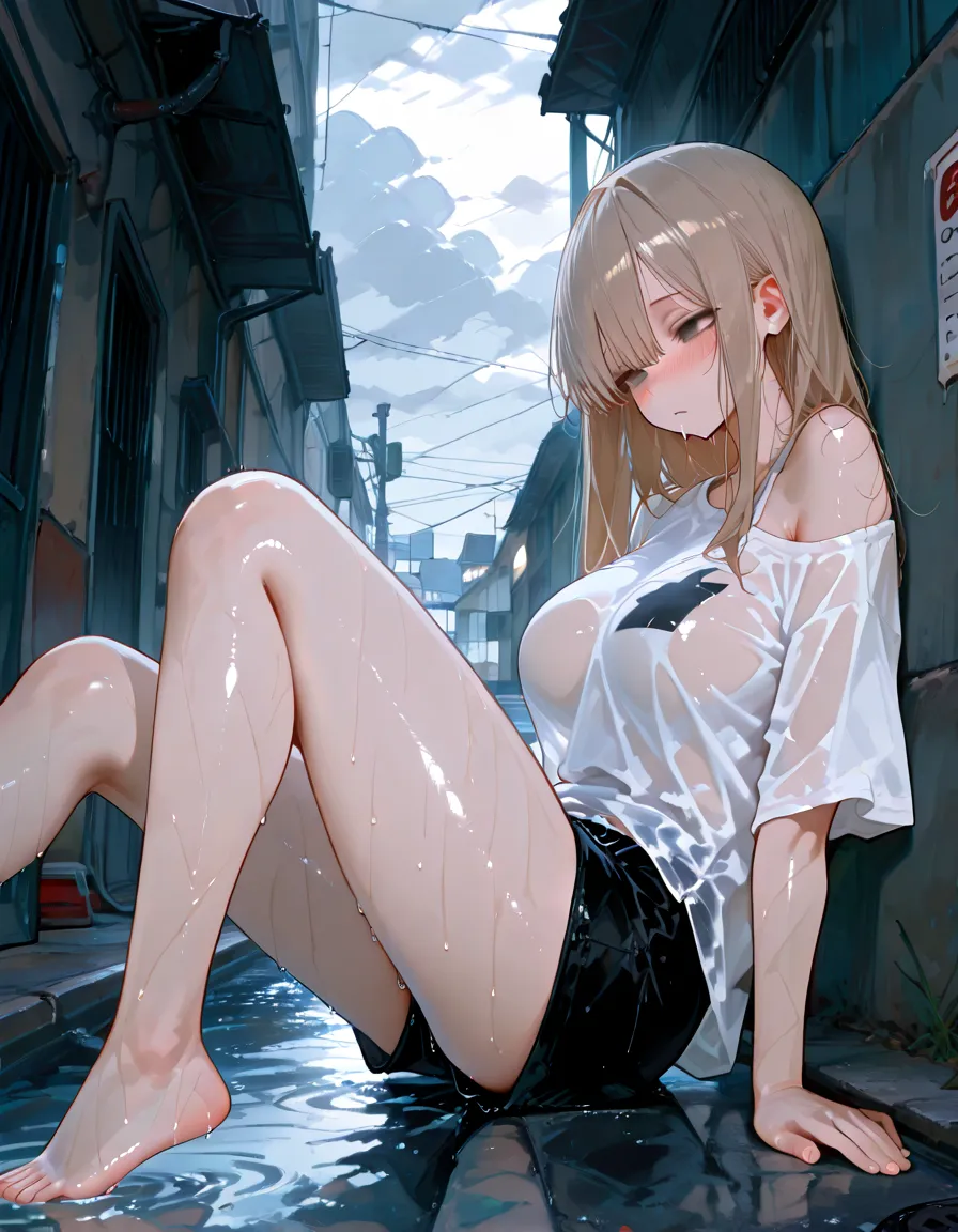 (Highest quality)), ((masterpiece)), (detailed), Natural light,Perfect Anatomy,One Woman,Cute woman,Very sexy,Baby Face,young woman,Small breasts,とてもSmall breasts,Woman squatting with knees raised,Spread your legs,
Beautiful woman,8-head body line,Small face,Beautiful Face,Big eyes,Beautiful Eyes,blue eyes,Beautiful double eyelids,Beautiful teeth alignment,Beautiful body lines,Slender body,Beautiful Hands,Beautiful legs,Long hands,Thin legs,Long legs,Long and supple hair,Shiny Hair,Beautiful blonde hair,Full Body Shot,Embarrassed expression,blush,Crying face,mouth half open,Beautiful shoulders,Beautiful clavicle、(Sweat),((Steam 1.4)),Embarrassed expression,blush,humiliation,((White Shirt 1.3)),Sleeveless shirt,Shoulder out,Beautiful shoulders,Beautiful clavicle,Not wearing a bra,(((Valley 1.7))),mini skirt,White panties,White knee-high socks,Black Loafers,Red ribbon around neck,A city at night with towering buildings,