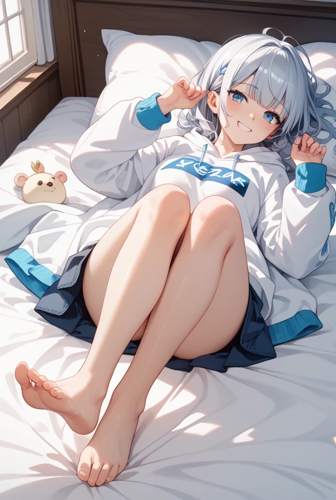 Anime girl, long white hair, beautiful blue eyes, laying on her bed, bare legs, fair skin, wearing a blue shark onesie, wearing white panties underneath the hoodie, 8k, high resolution