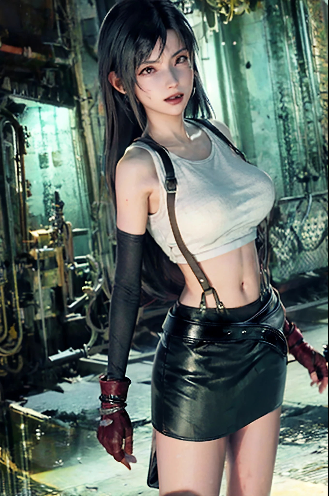 (8k, best quality, masterpiece:1.2), (realistic, photo-realistic:1.37), ultra-detailed, 1 girl,cute, solo, (tifa lockhart), ((Insanely huge gigantic breasts, ginormous breasts:1.6),(beautiful detailed eyes), (smile:1.4), winking (closed mouth), erotic pose, outside an industrial factory, depth of field, dark intense shadows, sharp focus, depth of field, good composition, green glowing light, Final Fantasy VII, (topless:1.3), (black leather mini skirt with belt:1.3) (red gloves and boots) (full body:1.5), head rest, lips, pretty face, low-tied long hair, ((red eyes:1.3)), (night:1.2), intricate, bokeh, cinematic lighting, photon mapping, radiosity, physically-based rendering, (Tetsuya Nomura style), nsfw, perfect breasts, view from front