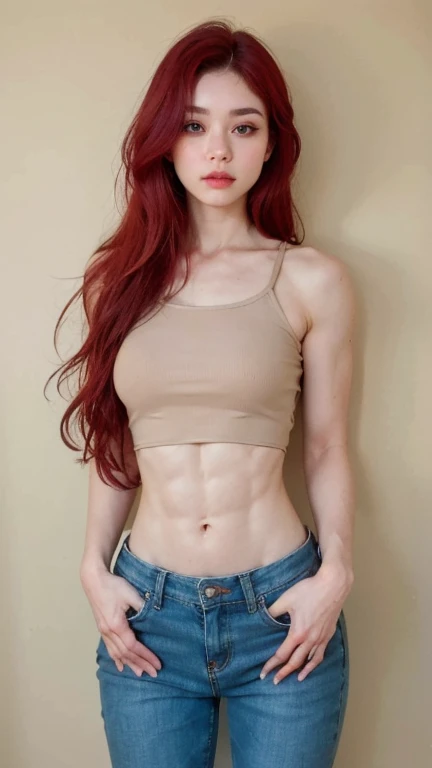 perfect naked woman artwork, ((highest quality, 8k, masterpiece :1.3)), One girl, Beautiful woman with slim abdominal muscles :1.3, (Random Hairstyles :1.2), Oversized tank top :1.2, Highly detailed face, Fine grain, double eyelid, Underarm.Miss, Large Breasts, Red hair, blue eyes, totally naked, Small chin