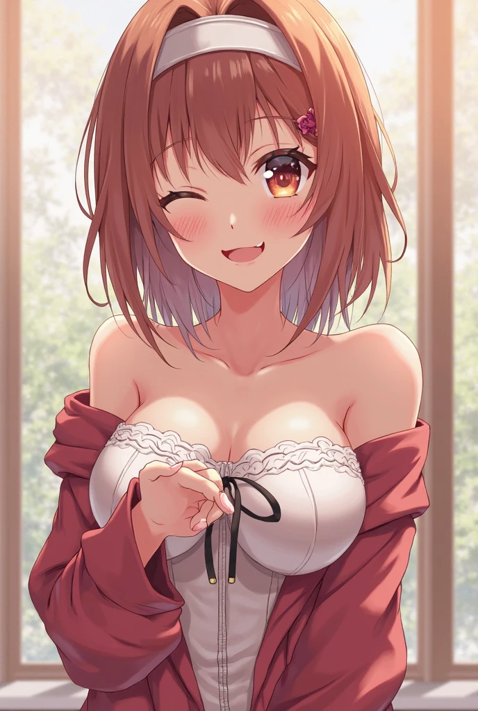 Face close-up、light blue Hair、short hair、girl1、smile、cherry blossoms、Open your mouth、Pink Lips、(Large Breasts:1.3)、night、Starry Sky、Hide your arms behind your body、Glowing Hair、moonlight、(looking down:1.2)、brown_hair, short_hair, brown_eyes, blush, bangs, Kumiko Oumae,(nude:1.5)、(pussy:1.3)