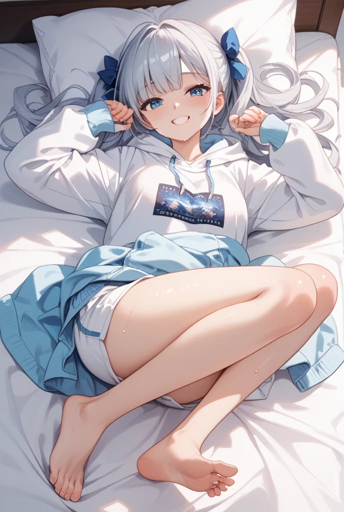 Cute anime girl, laying in bed, cute++, Long blue hair, cat ears, hoodie (white fluffy hoodie)++, exposed thighs, socks, shy (blushing), NSFW++, cat paws, having sex