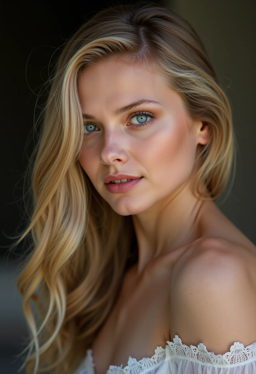 Portrait, nude, elegant blonde woman, bright blue eyes, small breasts, shy, beautiful detailed eyed, beautiful detailed lips, blond hair falling onto her shoulders seductively, graceful pose