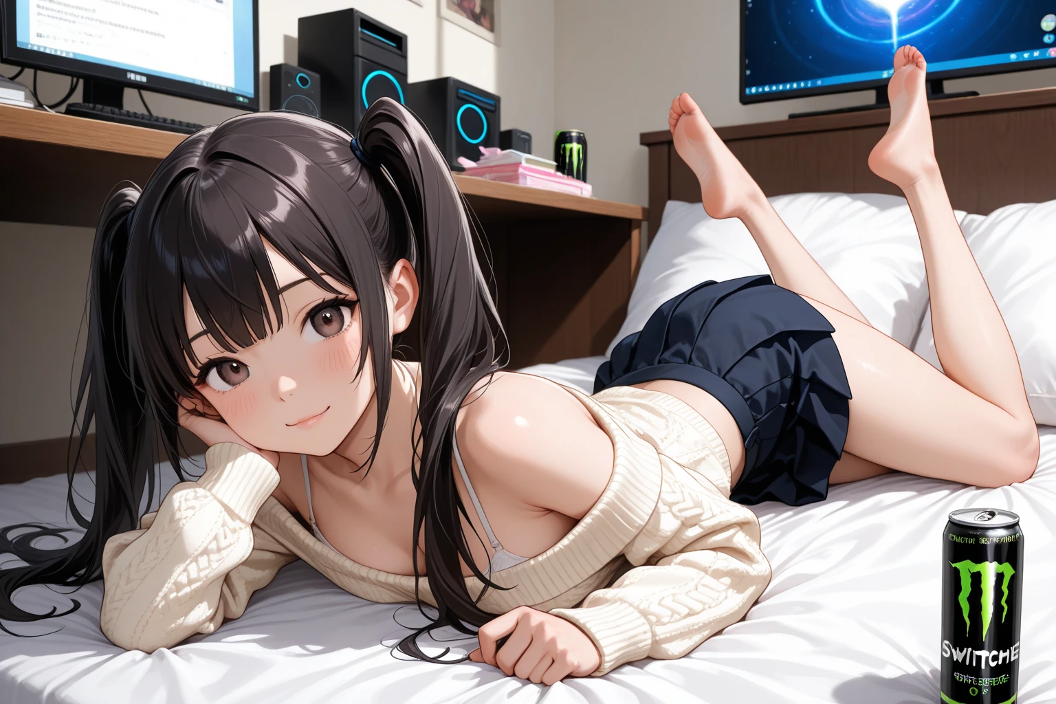 Create a high-quality, detailed image of a beautiful, anime lofi girl with long hair, bright blue eyes, and a smile, sitting at her gaming PC in her cozy room. She has tattoos and wears a sexy see through tank top, showing her midriff with sleep shorts. The warm, inviting scene includes soft ambient lighting, comfortable seating, and a high-end PC setup with multiple monitors and RGB lighting. The setting is illuminated by a small lamp, creating a serene and intimate atmosphere (HIGH QUALITY)
