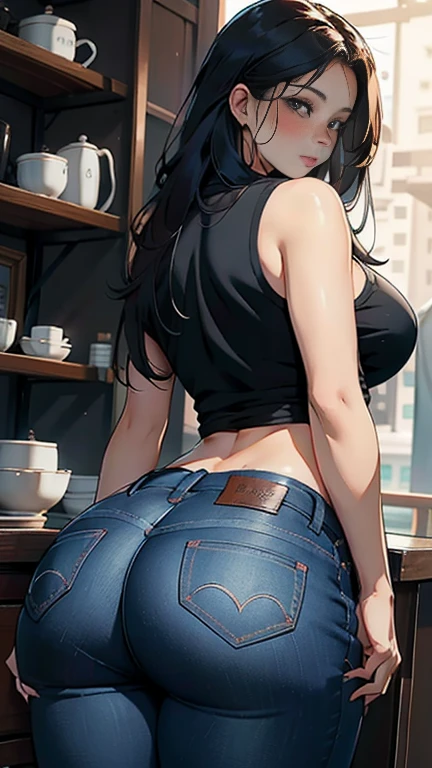 Girl with long black hair, wearing a white bra and short denim shorts. thick-thighs, Waist slender, breasts big, Red lips. focus on the ass. big-ass.