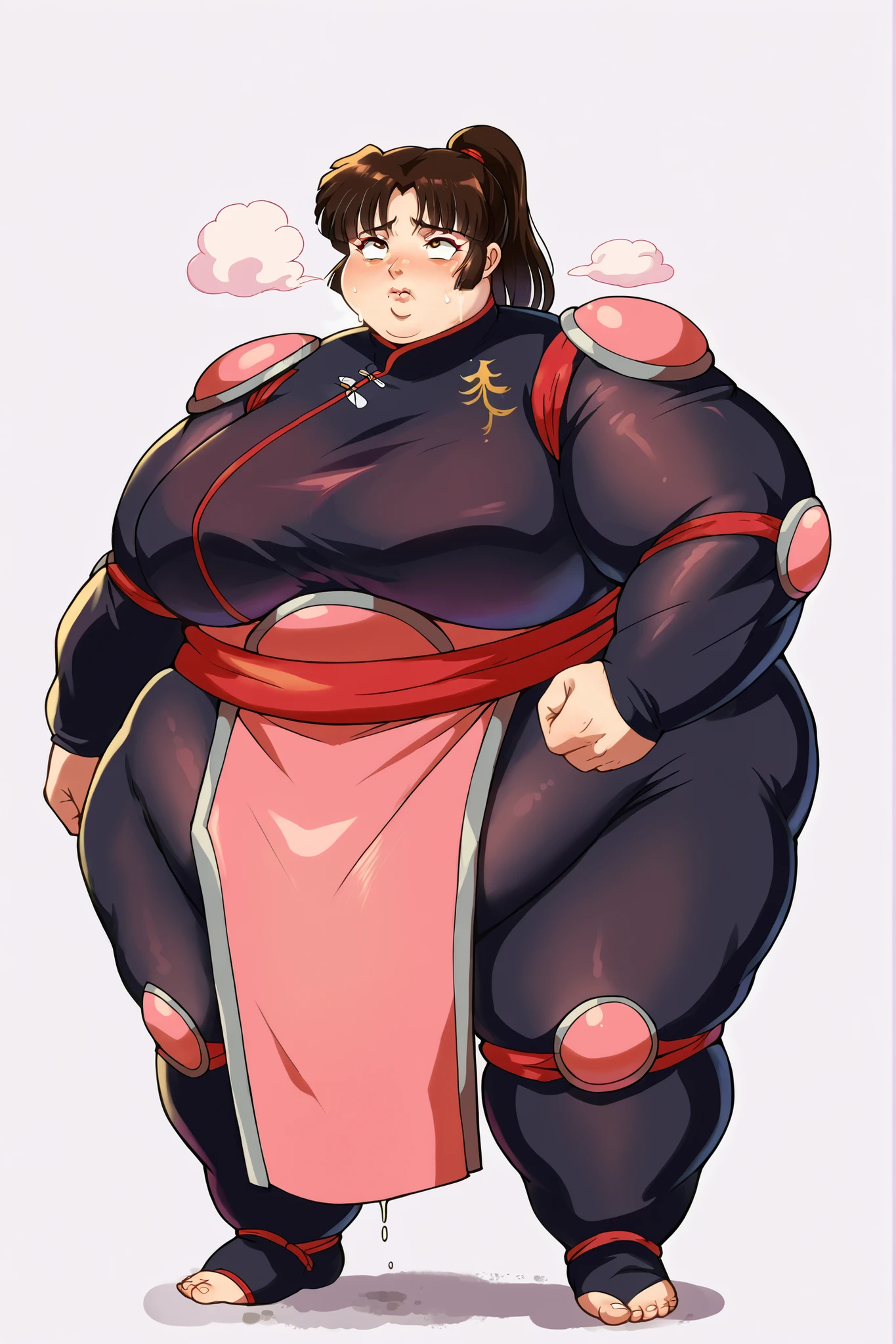 anime screencap, score_9, score_8_up, score_7_up, source_anime BREAK sango, 1girl, solo, brown hair, parted bangs, high ponytail, brown eyes, simple background, white background BREAK full body, standing, black bodysuit, mandarin collar, pink shoulder armor, pink elbow pads, pink knee pads, red obi, giant hands, giant feet, fat, chubby, obese, gigantic arms and legs, gigantic breasts, sagging breasts, full body shot, fat face, chubby face, double chins, big lips, swollen lips, sweating, sweat stains, steam clouds, grease stains, flustered, swollen face, Fat_neck , Fat head , eyes with crushed cheeks , nose with crushed cheeks , mouth with crushed cheeks , chin roll