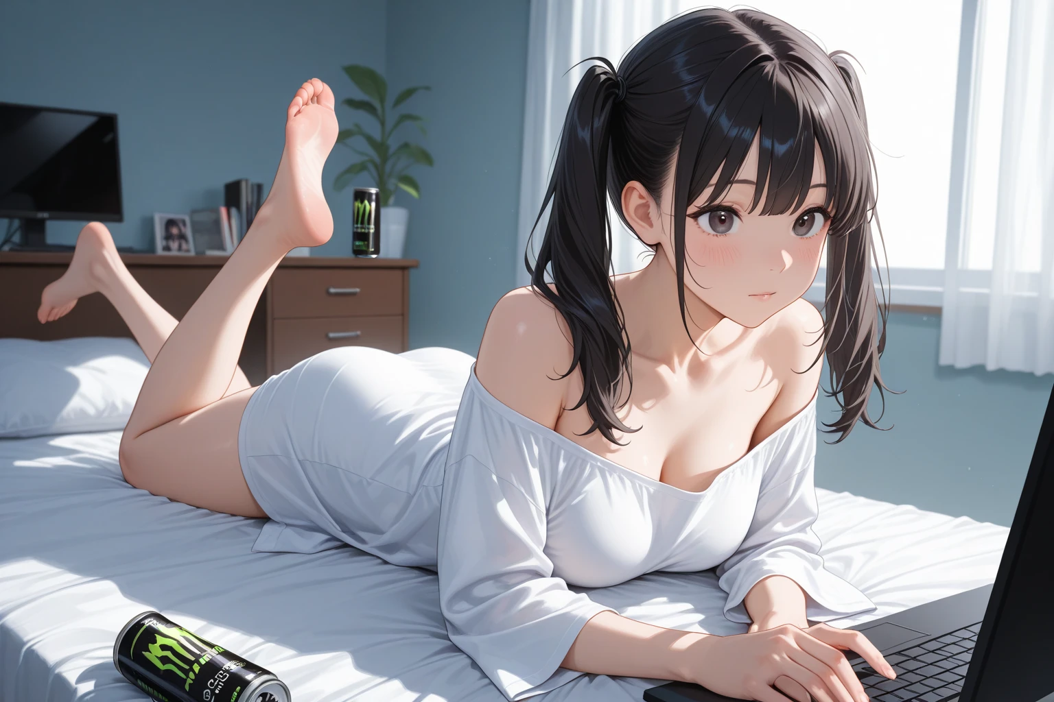 masterpiece, highest quality, One Girl, Thighs, beautiful girl, Flowers, たくさんの小さなflower, flower、Tight waist, RAWphotograph,Bright lighting、Face Light, Ultra-realistic, High resolution, photograph, Sharp focus, Highly detailed eyes and face,Symmetrical face, whole body、Big Breasts、Long Hair、チラリと見えるThighs、Emphasized cleavage、Her hair was tied with a big red ribbon...、White high heels、White knit、Embarrassing、smile、Happy smile、Doing a handstand on the bed、(((Nipples are visible)))、Masturbating
