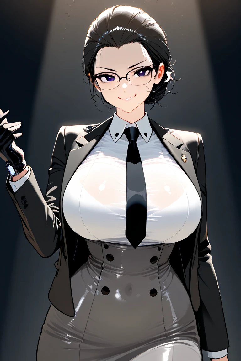 (masterpiece, best quality:1.2),((photoreal:1.1)),perfect anatomy,((solo:1.5)), ((alone)),((1 middle age woman:1.5)),(1 MILF),perfect eyes,((Maki Zenin)), ((looking at viewer:1.4)),((horizontal angle)),((straight-on)),((view from the front:1.4)),shooting from front,lighting from front,((small breasts)),((small sagging breasts:1.4)),((muscular:1.2),((do not hide your crotch:1.4)),(cod lips),((standing:1.3)),(holding your head high),((hands on hip bone:1.3)),delicate and beautiful,dark green hair,ponytail hair,glasses,((black Playboy bunny suit:1.3)),((black satin onepiece suit)),(high-leg cut onepiece suit),high heel,bare shoulder,white false collar,black bow tie,white cuffs,brown sheer pantyhose,(sheer pantyhose)