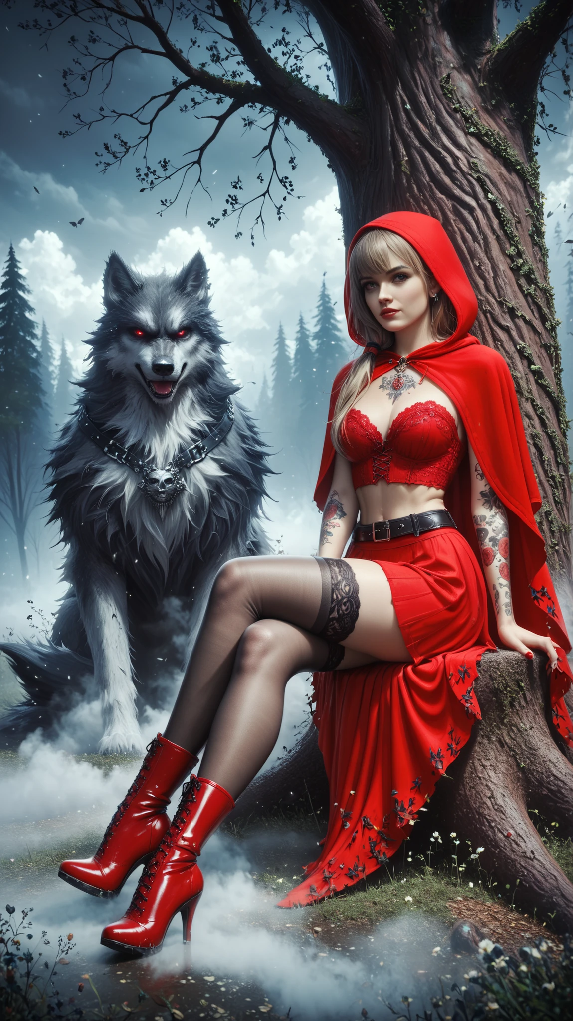 (masutepiece, Best Quality), 8K Wallpaper, Highly detailed, poster for, Little Red Riding Hood, Sexy, Erotic, wolf, Gothic, Horror, Russians, Horror Thriller Movie Poster, German Expressionism, shapes, lines, Abstract, propaganda, Gothic, Cinematic poster, Vintage, In the style of Frank Frazetta, low angle shot、Jennifer Lawrence