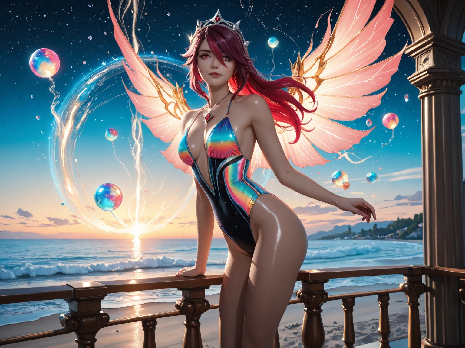 {{masterpiece}}, best quality, extremely detailed CG unity 8k wallpaper, cinematic lighting, lens flare, beautiful detail eyes, black, side glance, multicolor short white hair, colorful light, particles, heterochromia, (colorful:1.5), (colorful hair:1.5), Sexy bikini, bikini armor, wings on back,