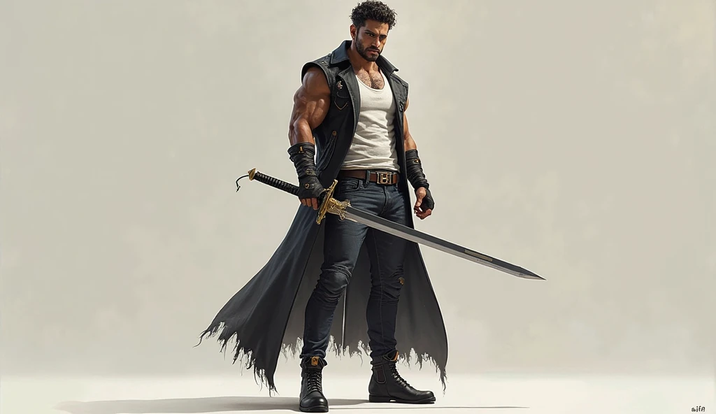 1 boys, 26 Years old, Serious face, Muscular, Slick back long hair, Flowing hair, Black sleeveless shirts, Black bootcut pants, High cut boots, Holding giant silver sword 