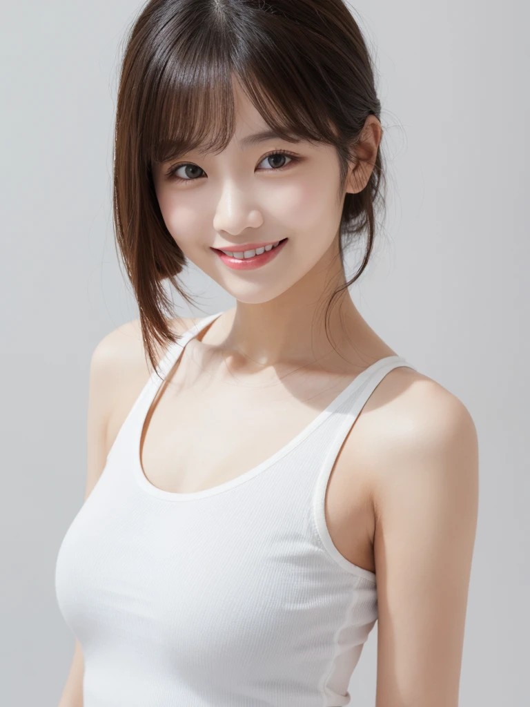 Masterpiece、Highest quality、Like the picture、Realistic、High resolution、Very detailed、Tabletop、Best image quality、Award-winning works、Cute school girl、Girl portrait photography、Glowing Skin、Brown Hair、Sculpture Pose、(The simplest pure white background:1.1)、(Big Breasts:1.3)、(Accentuate your body lines:1.1)、Very short hair、smile、Swimwear、Age 25