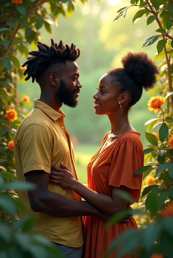 a girl kissing a guy.the girl has in two braids. she is tan. the guy is brown. the guy has a Afro. the background is a white heart and around the white heart is small pumpkins. it’s at night. they are both sitting on a haystack. he has one arm around her. he is wearing all black. she is wearing blue jeans. a all brown short sleeve shirt.