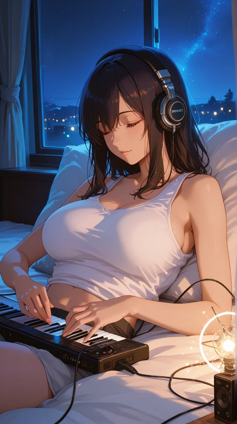 Girl with headphones enjoying music in a home I am studying Emphasize a little bit of the big chest Looking towards me with eyes closed Night Background