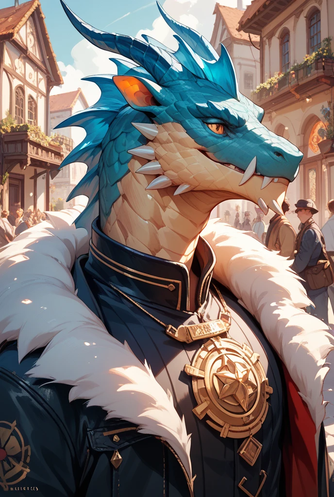 solo, anthro, scalie, scalie male, Dragon, (( Scaled body)), (White scales dragon print), Gold underbelly, Gold chest, gold belly, (white body), eyes closed, Teal and Blue feather mohawk, short feather hair, lizard tail, detailed face, detailed eyes, full body, curved short horns, closed mouth, happy expression, smile, (dark blue robe, long sleves, covered, collarless, gold trimmings, silk pants), (fantasy city, port, water, fountain, neo-steampunk, pirate ship, marketplace), lean, skinny, fantasy, (by null-ghost, by racoon21, masterpiece, high quality,hi-res,8k had), close-view portrait, standing, holding book, close to chest, facing viewer