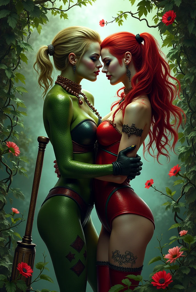 Harley quinn and poison ivy. Scantily clad