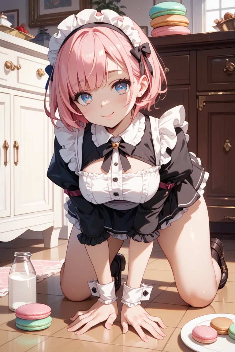 highest quality、masterpiece、((1 girl:1.5))、((smile:1.3))、(blush:1.4)、Black Shirt、blouse、((fun!!))、(Small breasts)、(Pink)、Blonde、(Long sleeve)、((White apron:1.5))、((Maid))、((hair ornaments)),、Kamimei、look at me、 ((in house:1.5))、 Taking a break from watching the audience、Cowboy Shot、((Shaved:1.5))、(Roll-up skirt:1.3)、(Fully exposed and highly detailed labia:1.5)、((Skirt lift:1.5)),()、()、、(スカート that rolls up:1.3)、()、Light blue eyes、long hair、Glowing Eyes