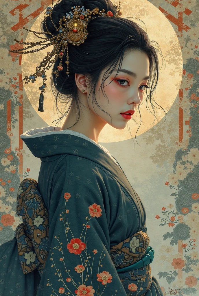 Masterpiece, full body portrait best quality, beautiful woman wearing yukata, ink painting in the style of artists like Russ Mills, Sakimichan, Wlop, Loish, Artgerm, Darek Zabrocki, Takato Yamamoto and Jean-Baptiste Monge, primary colors with white highlights, half tone, sensual, hair blown by the wind, Hokusai wave background, ukiyo-e style by Tomer Hanuka and Atey Ghailan and Roy Lichtenstein and Maxfield Parrish, expressive, in the style of official art, gorecore, koi fish and avian-themed, dark yellow and light black, oshare kei, full body.Vector, Cell shade, ultra hd, realistic, vivid colors, highly detailed, UHD drawing, pen and ink, perfect composition, beautiful detailed intricate insanely detailed octane render trending on artstation, 8k artistic photography, photorealistic concept art, soft natural volumetric cinematic perfect light,kodew