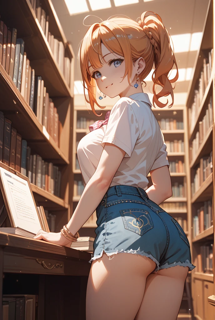 (suzu), ore no imouto ga konna ni kawaii wake ga nai, 25-yers-old girl with crimson red hair- pulled up into twin ponytails, wearing a floral crop top and mini skirt, library background, reaching out for a book, look surprised, back turned 