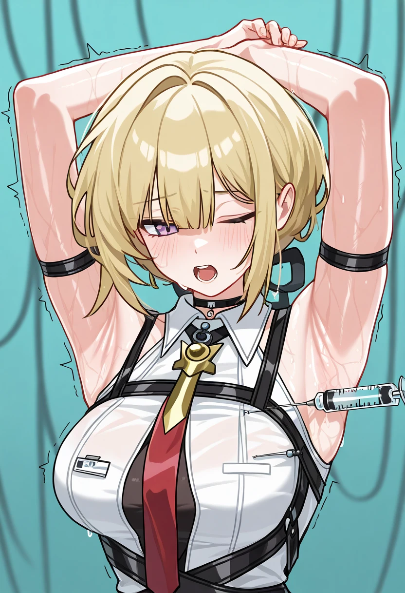 Beautiful, high school girl, 17 years old, blonde, handcuffed, confined, dark basement, arms up, armpits visible, wearing bra, wearing panties, blushing, embarrassed, shackled, drooling from mouth, sweaty, humiliated, given aphrodisiac, climaxing from playing with erogenous zones, slave, collar