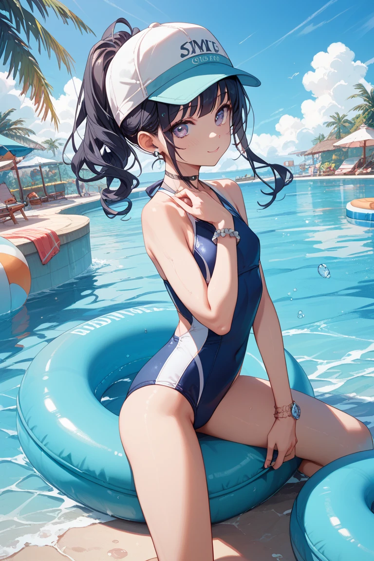 (((2D Beautiful Girl、Beautiful illustration、top-quality、Perfect fingertip、perfect anatomia、Perfect outfit、Beautiful illustration)))、top-quality、cute petit girl、(transform sequence)、((very beautiful swimsuit))、18year old、Slender beautiful girl、Fractal Art、baby-face、((stright long hair))、beautiful detailed blue eyes、kindly smile、Full Body Display、Royal Palace Pool、(1人)、Bright and beautiful sunny pool、frilld、Large ribbon