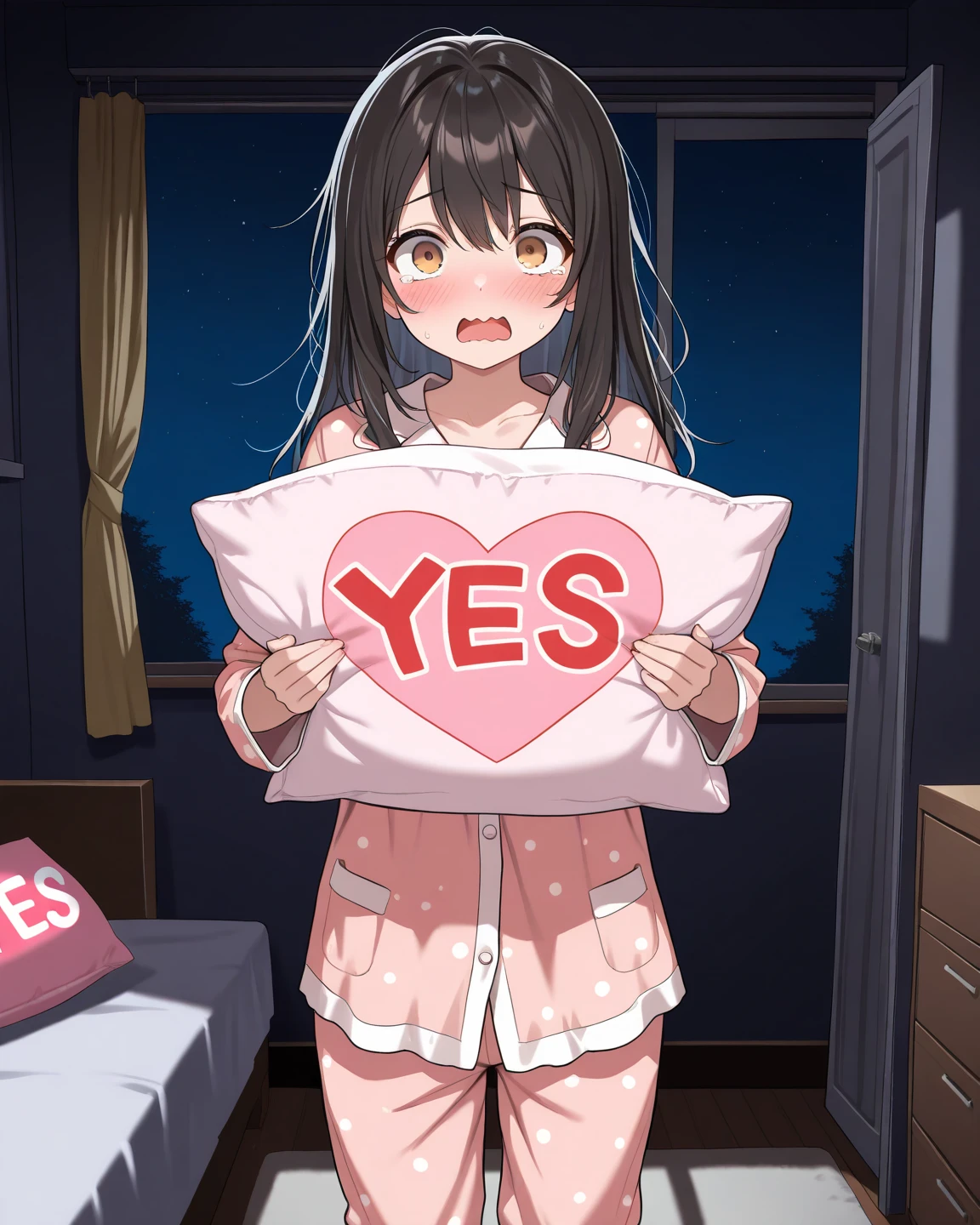 masterpiece, best quality,ultra detail, <lora:anmnr01:0.3>  <lora:add_detail:0.5>,<lora:GoodHands-vanilla:0.8>,black longhair,glasses,1girl,blush,embarrassing<lora:pillow_v2:0.7>,bedroom,pajamas,holding pillow,yes-pillow, <lora:sensualface_type1:1>,looking up viewer