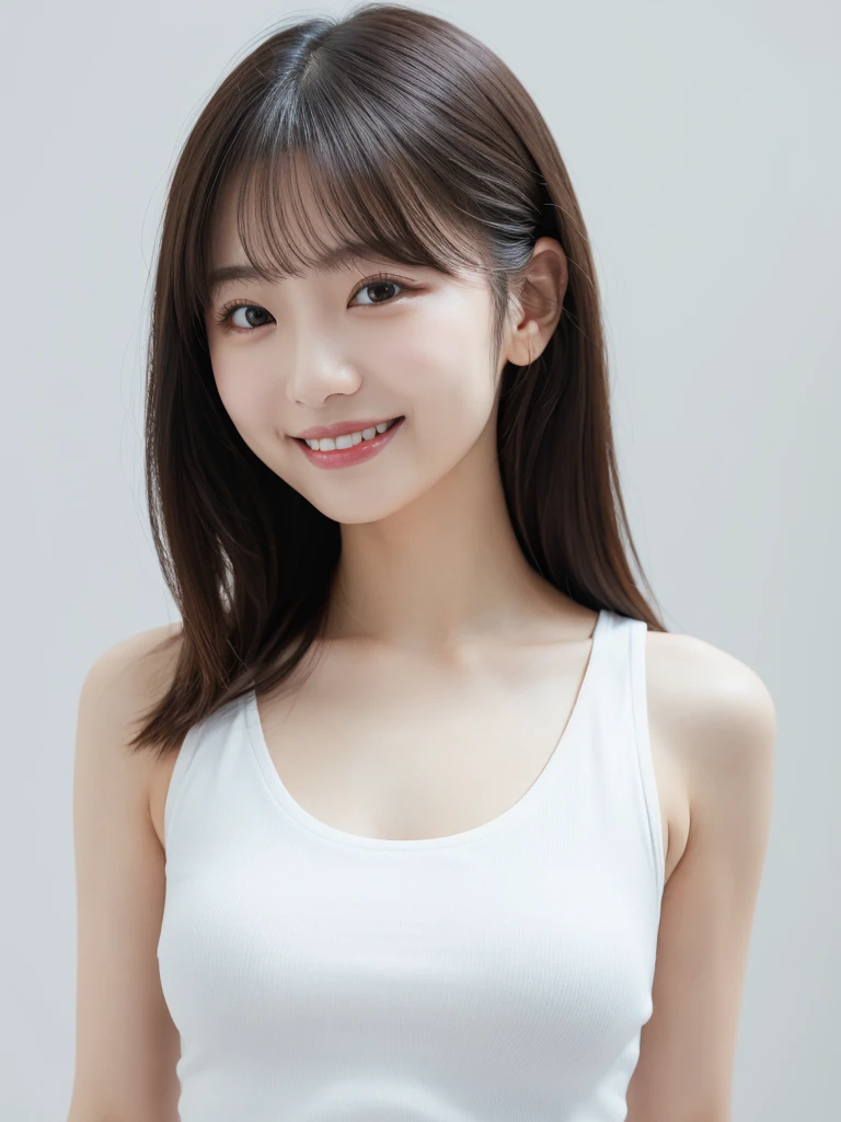 (A photo of your face:1.25), 6 years old, (Baby Face), (Round face), One Japanese woman, beautiful girl, Pretty face, (View your viewers), (Standing facing the camera), (smile), (Beige tank top)、(Pure white background:1.2)、Mouth closed