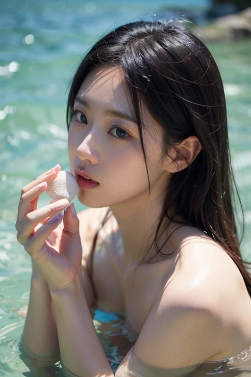 from above, Close-up of face,holding 棒ice,棒ice_lick,lick,Tongue_go out, Open_mgo outh,ice-cream,masterpiece,best quality,1 Girl, blush,,employment,employment(Genshin Impact), trumpet, Blue short hair, Black body stockings,White clothes,,Rose,dark_background, flower, ice_flower, ice柱,,Glowing Butterfly, Butterflies flying,