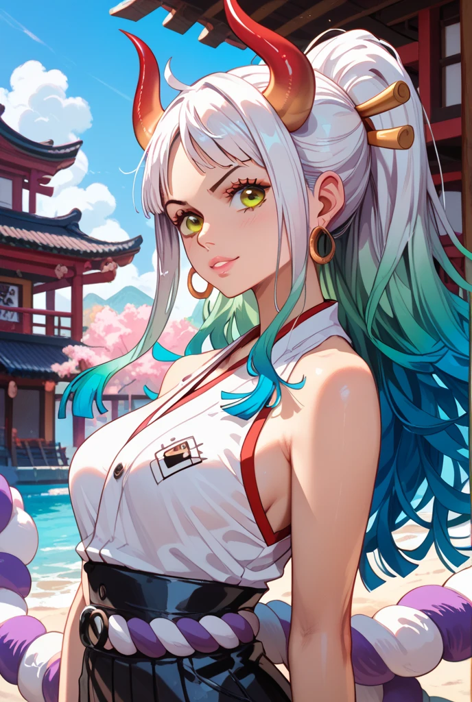 Masterpiece, ((Ultra detailed backgrounds, Delicate pattern, Intricate High Details)), (highly detailed, finedetail), Best quality,Beautiful lighting, (((mediuml breasts, lean girl, Very thin girl))), (cow boy shot), Yamato V2, Long hair, 1girll, banya, whaite hair, Tik, their, red horns, Coiled horn, hair adornments, (multicolored horns), jewely, Earrings, Japanese clothes, komono, hair stick, Sleeveless, Bare shoulders, aqua hair, side locks, hoop earings, hakama, ssmile, Hefty Smile, ((orange eyes)), complex detailed background, outside, setting in nature, Rochas, Sunny weather, blue sky, Ciel,