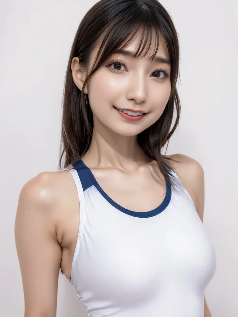 highest quality、Realistic、zoom、Chestnut Hair、Light blue eyes、Very Short Hair、One piece swimsuit、Tanned black body、Tan、Brown Skin、slender、boyish、Sweat、smile、Ocean、