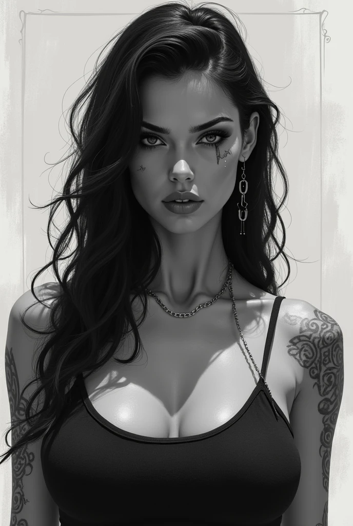 drawing woman, Dark skin, gray eyes, middle Ages, evening, Goddess, Musa, sexy, armor, curvy, manuelsart style illustration, tattooed, Front portrait, he would be, strong look, night cinematic lighting, calles del medievo de evening, black color, Dark,