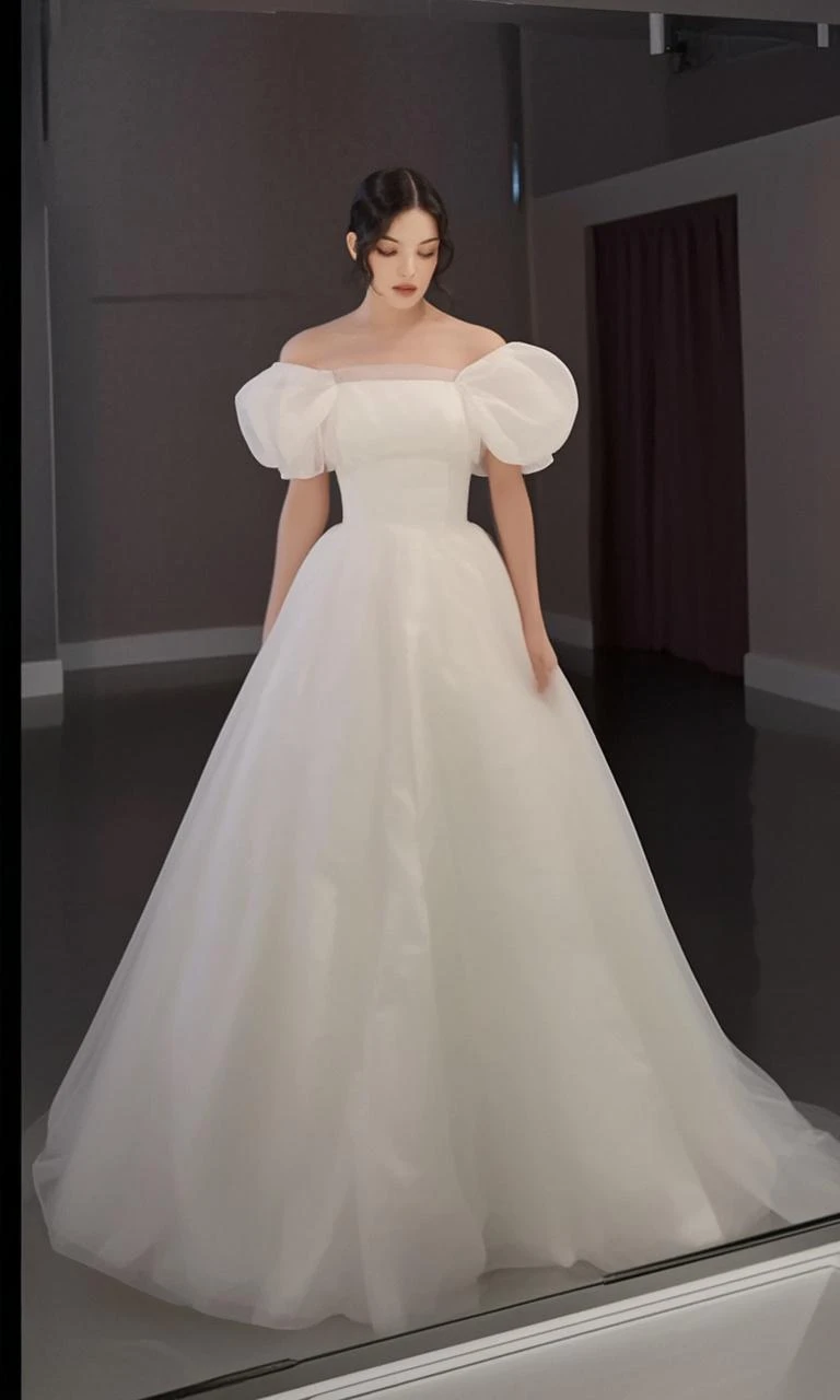 Full satin cover long elegant formal wedding dress with also full satin cover on bust part with breast and spine decolte with removable long tulle arm band sleeves for curly blonde short haired, green eyed woman.