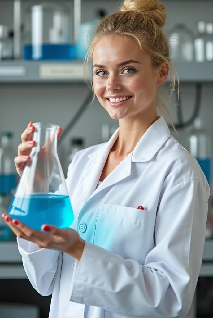 (highest quality), masterpiece, intricate, high detail, professional photo, 8k uhd, sharp focus, (realistic photograph:1.2), bright environment, (a young woman in a lab coat mixing colorful liquids in beakers and lab containers)