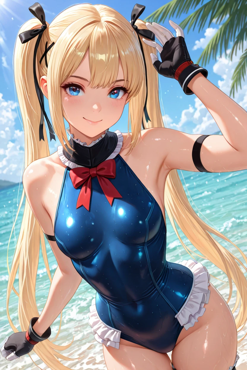 ((Highest quality,Extremely detailed CG Unity,32K)), (( Professional quality,Perfect photo, Ray Tracing, Perfect volume lighting )), ((Hyper Detail,Intricate details))((Masterpiece)),眩しいハイライトが入ったプラチナblondeの髪、Shiny bright hair,、Shiny beautiful bangs、Sparkling, clear, attractive big blue eyes、A very beautiful, lovely and cute 16 year old girl、(((((Shiny patent blue swimsuit)))((Camel Toe),(Frilled swimsuit, Knee socks, Removed sleeve), ,(White fingers:1.1,Black gloves),(((blonde))),(Very long hair:1.6),Twin tails、Beach cove background,Bend your knees (,From below:1.2),(Spread your legs:1.1)